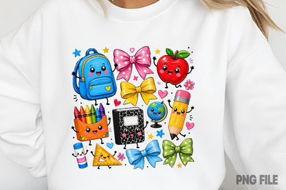 Coquette Back to School PNG Cute School Supplies Pencil Apple Bow Sublimation