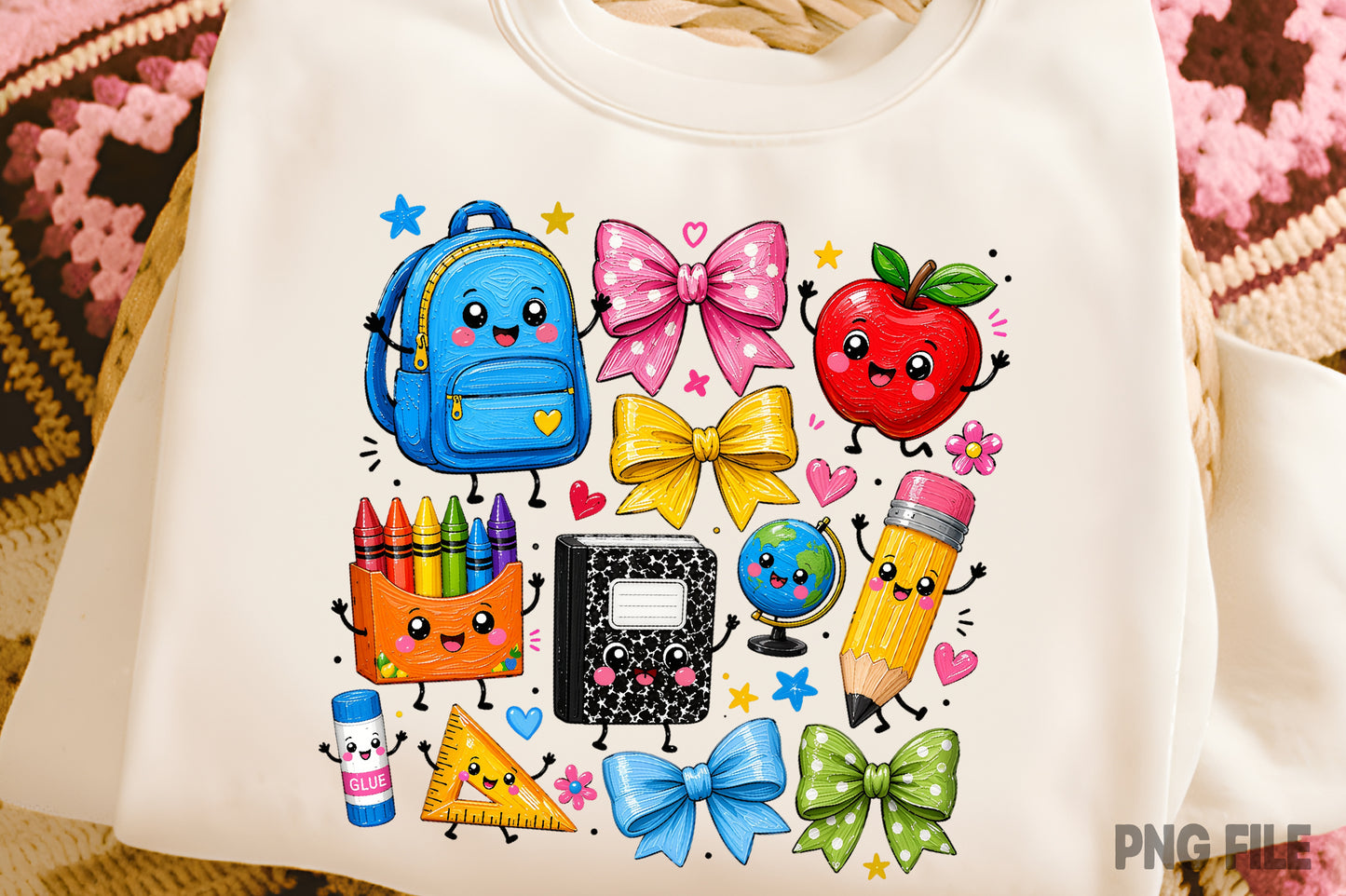 Coquette Back to School PNG Cute School Supplies Pencil Apple Bow Sublimation