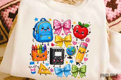 Coquette Back to School PNG Cute School Supplies Pencil Apple Bow Sublimation