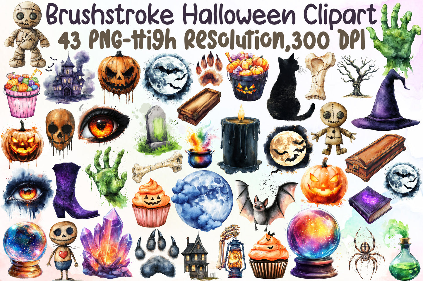 Brushstroke Halloween Clipart Bundle Spooky PNG Watercolor Design