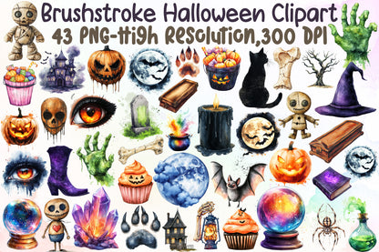 Brushstroke Halloween Clipart Bundle Spooky PNG Watercolor Design