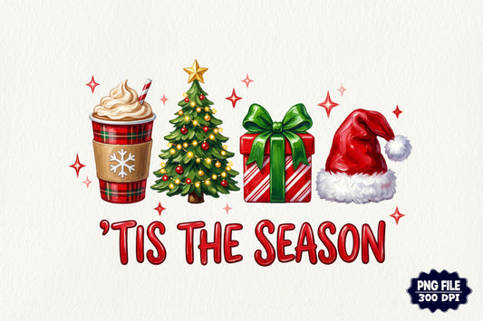 Tis The Season Christmas PNG Coffee Tree Gift Santa Hat Holiday Sublimation