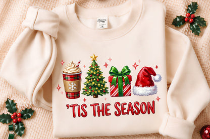Tis The Season Christmas PNG Coffee Tree Gift Santa Hat Holiday Sublimation
