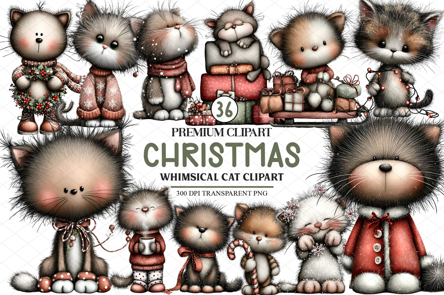 Whimsical Christmas Cat Clipart Bundle, Watercolor Christmas Cats