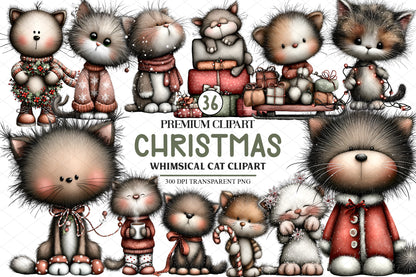 Whimsical Christmas Cat Clipart Bundle, Watercolor Christmas Cats