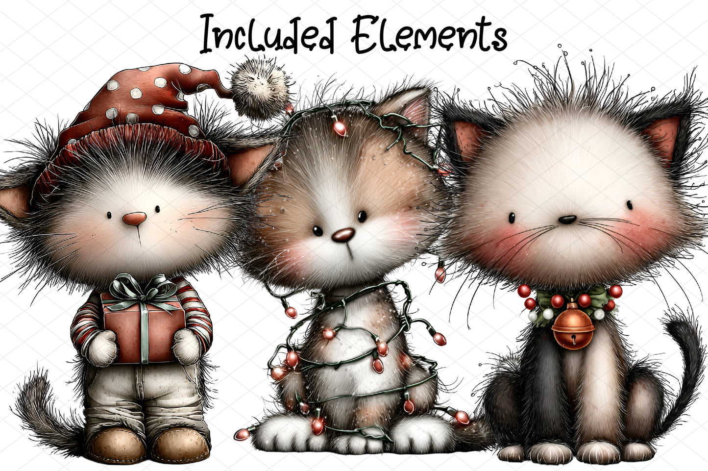 Whimsical Christmas Cat Clipart Bundle, Watercolor Christmas Cats