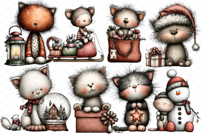 Whimsical Christmas Cat Clipart Bundle, Watercolor Christmas Cats