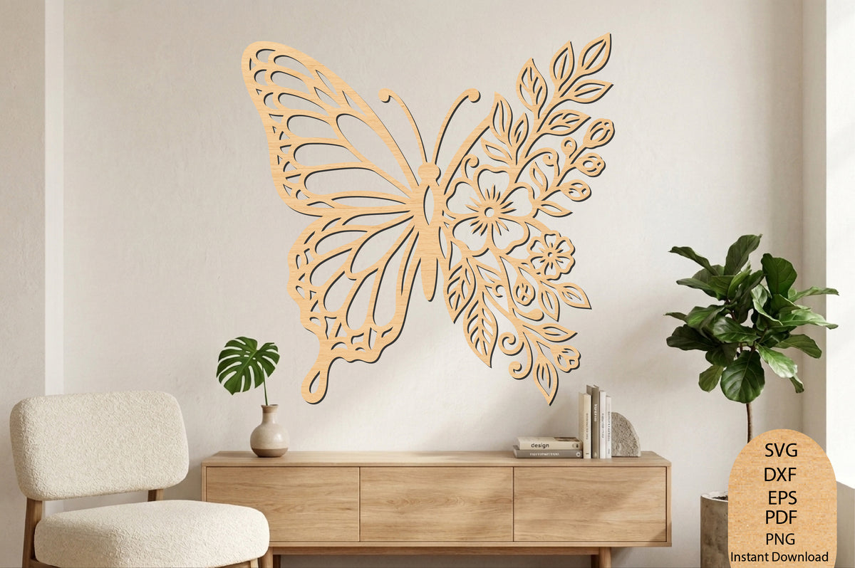 Butterfly Floral Wall Decor Laser Cut SVG, Butterfly Flower Wall Art Cut File