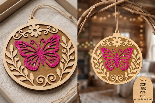Butterfly Ornament Laser Cut SVG, Floral Butterfly Christmas Ornament Cut File