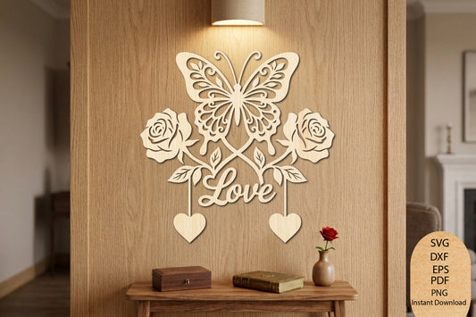 Butterfly Rose Love Wall Decor Laser Cut SVG, Romantic Floral Design