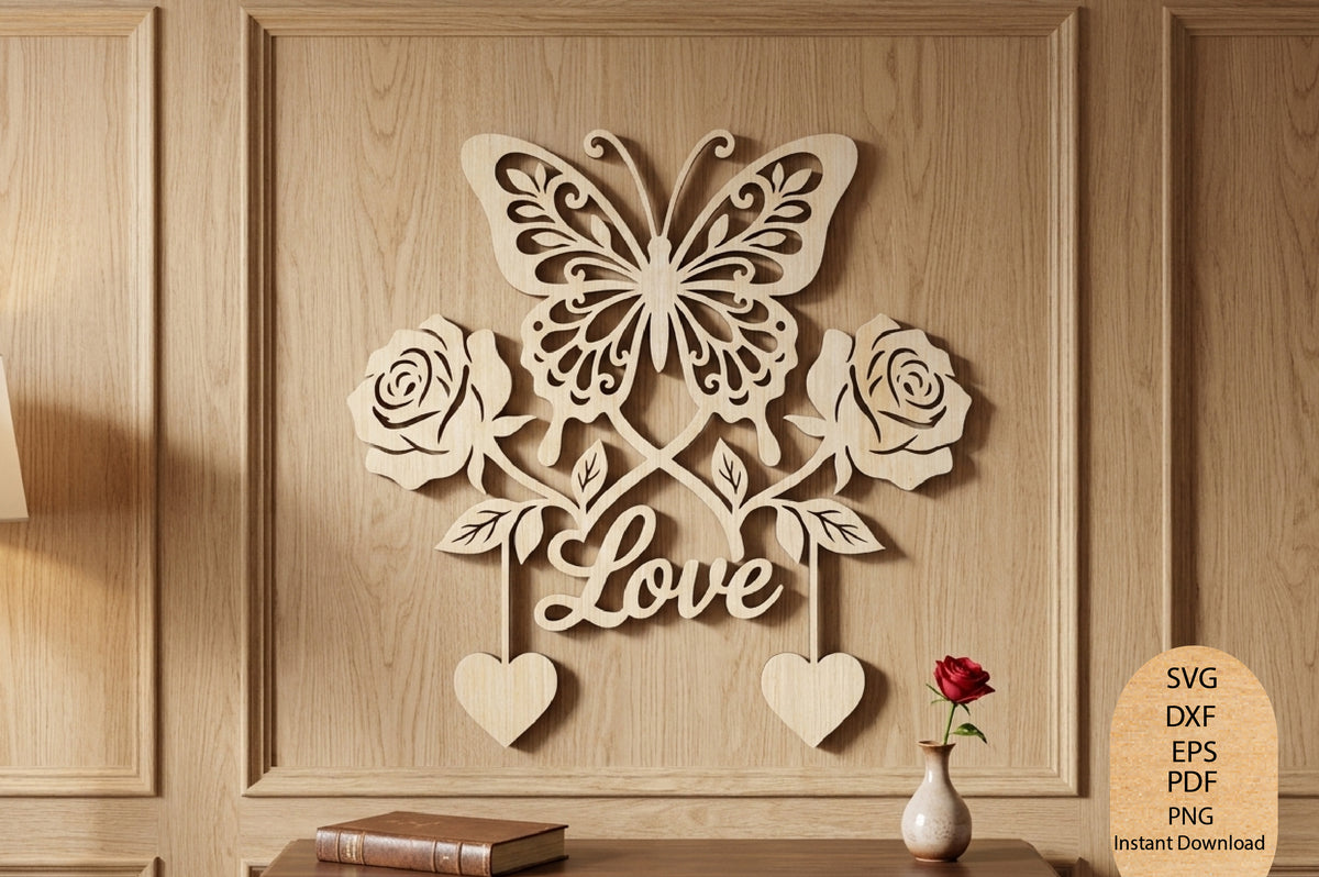 Butterfly Rose Love Wall Decor Laser Cut SVG, Romantic Floral Design