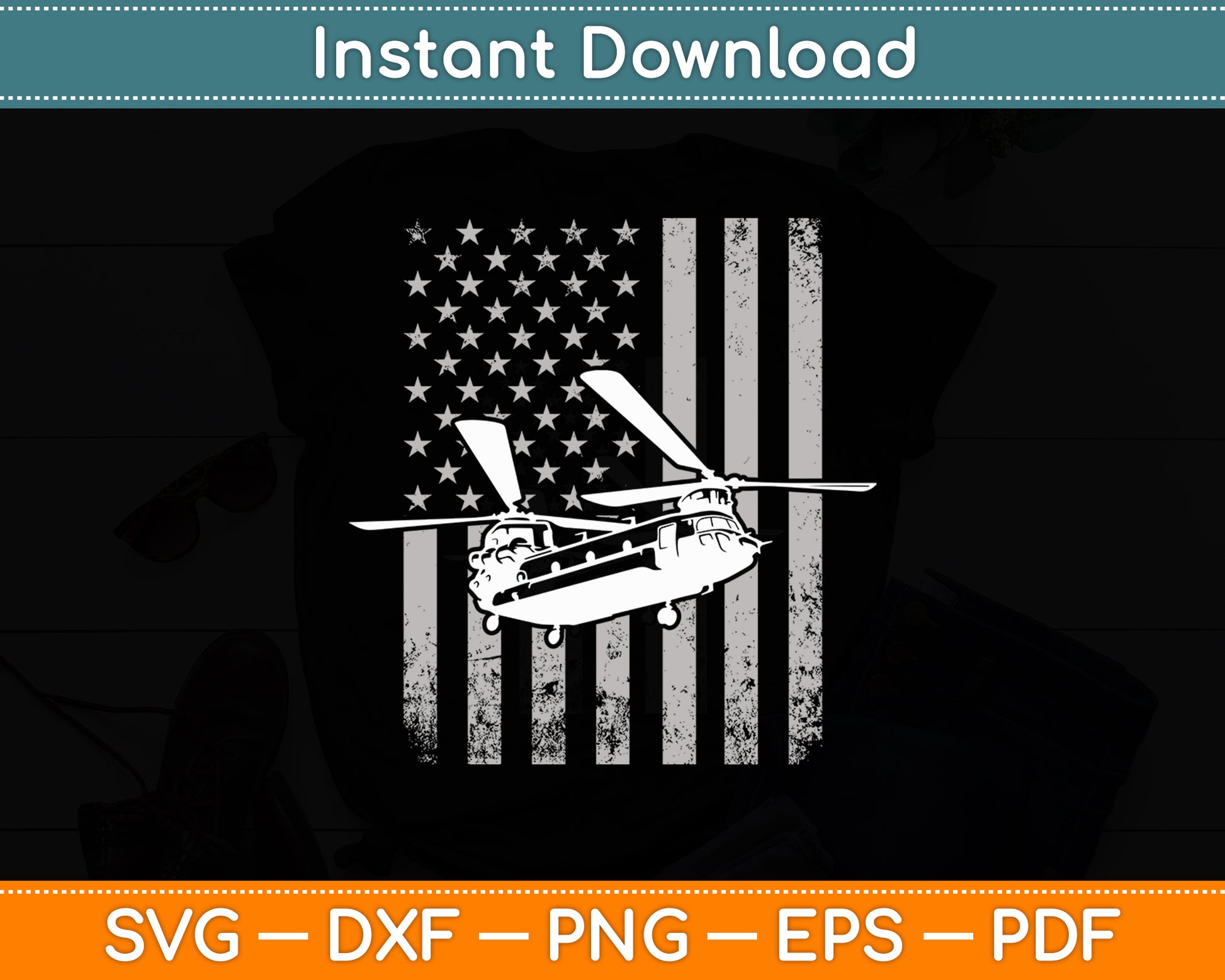 CH-47 Chinook Military Helicopter Flag Pilot Retro Svg Png Dxf Digital Cutting File