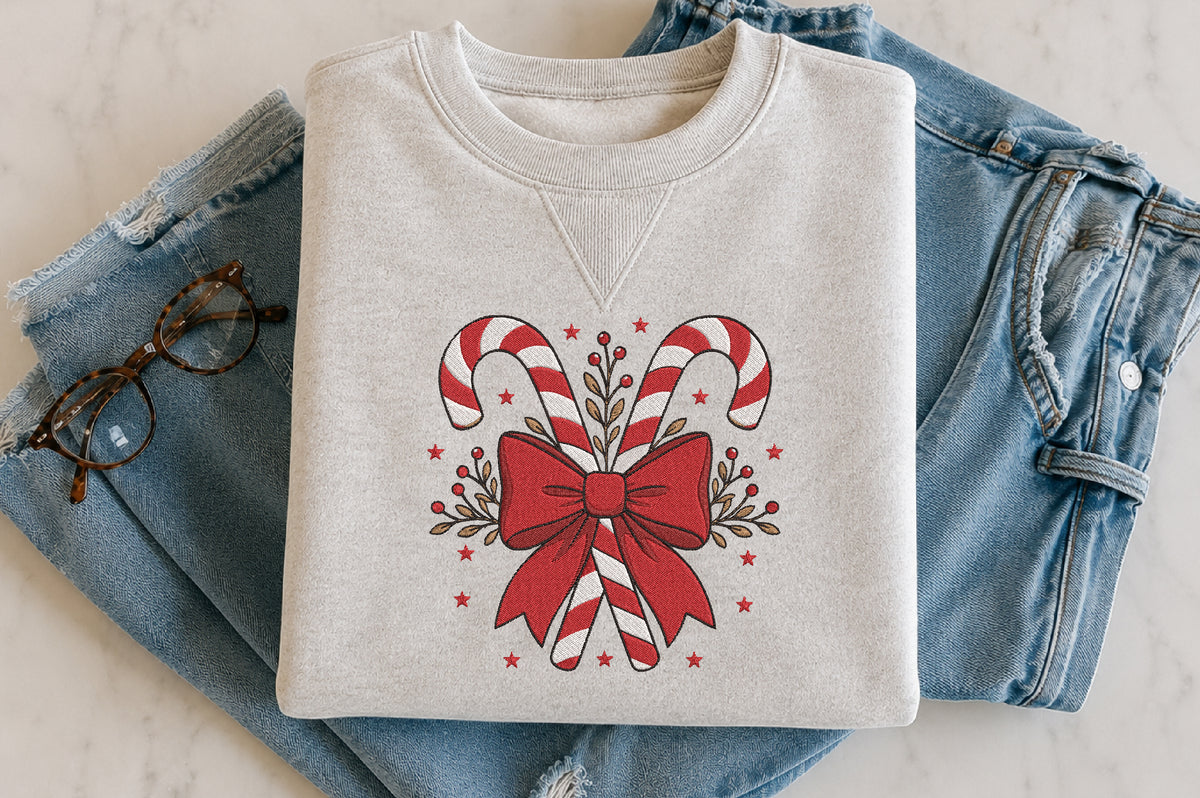 Candy Cane Bow Embroidery Design – Cute Christmas Bow Machine Embroidery Pattern, Festive Holiday Candy Cane Embroidery Design