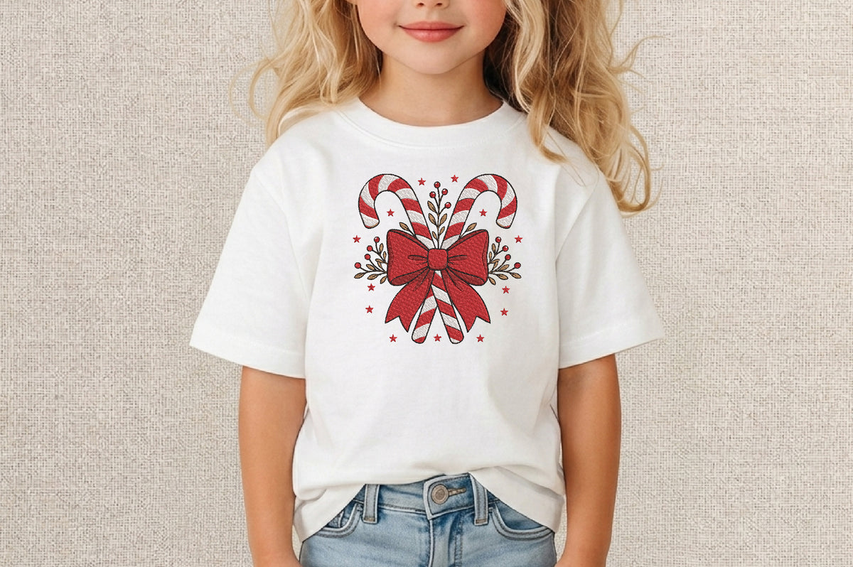 Candy Cane Bow Embroidery Design – Cute Christmas Bow Machine Embroidery Pattern, Festive Holiday Candy Cane Embroidery Design