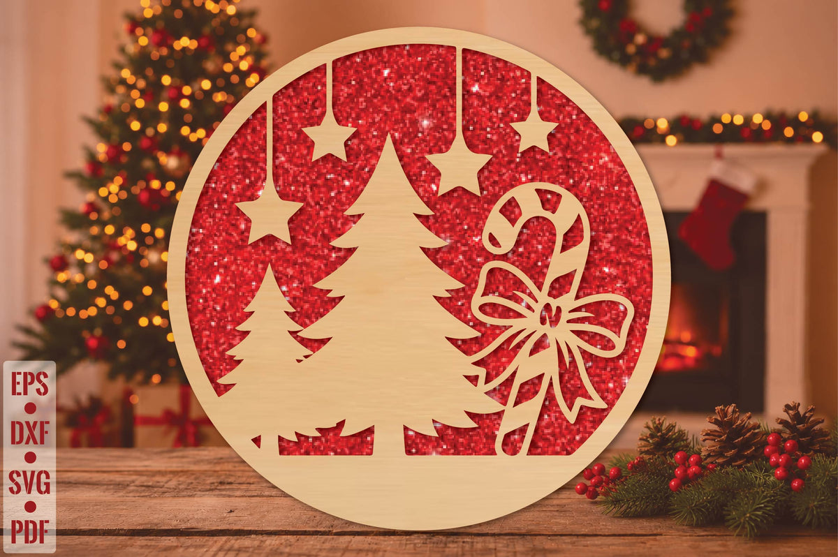 Candy Cane Christmas Tree Round Laser Cut SVG