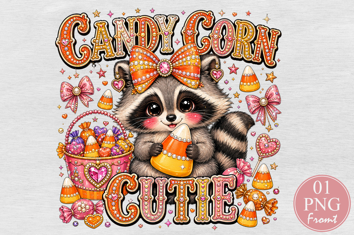 Candy Corn Cutie Raccoon Halloween PNG Sublimation Design