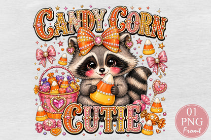 Candy Corn Cutie Raccoon Halloween PNG Sublimation Design