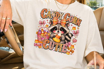 Candy Corn Cutie Raccoon Halloween PNG Sublimation Design