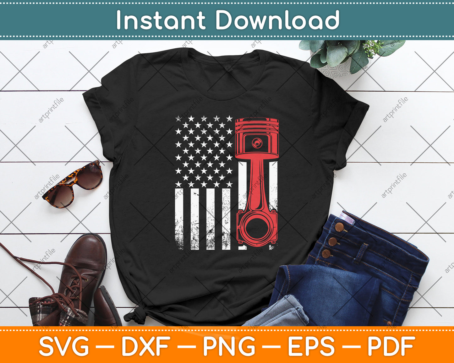 Car Enthusiast Piston Muscle Car - American Flag 4th Of July Svg Digital Cutting File