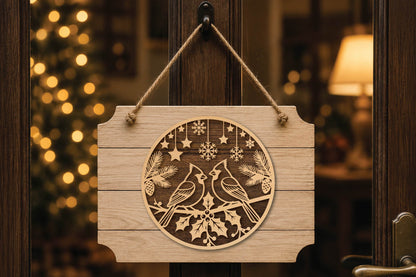 Cardinal Birds Christmas Laser Cut SVG, Cardinal Christmas Ornament Cut File, Winter Bird Decor