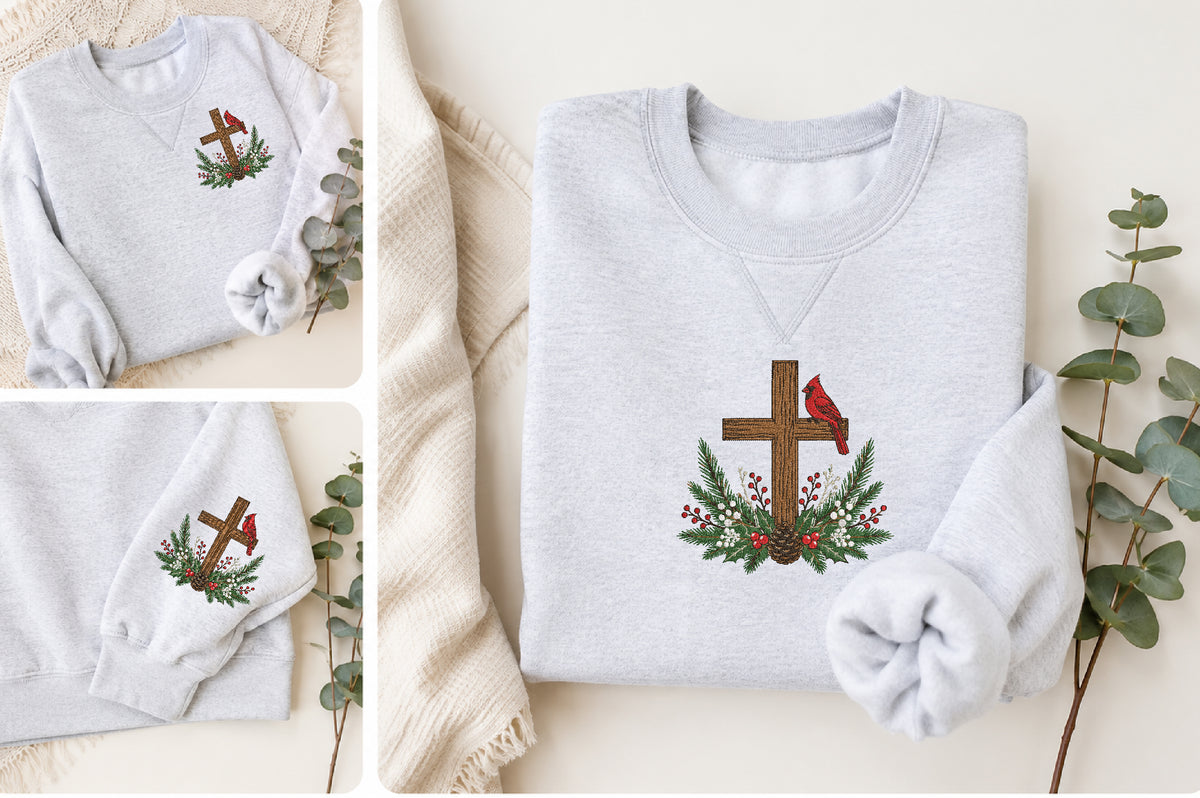 Cardinal Cross Embroidery Design – Beautiful Cardinal Bird Cross Machine Embroidery Pattern, Christian Religious & Nature Embroidery Design