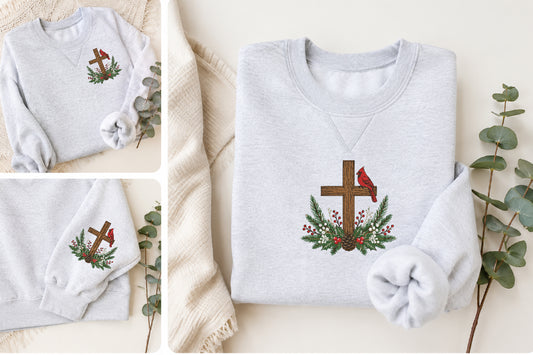 Cardinal Cross Embroidery Design – Beautiful Cardinal Bird Cross Machine Embroidery Pattern, Christian Religious & Nature Embroidery Design