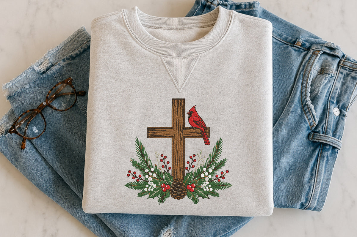 Cardinal Cross Embroidery Design – Beautiful Cardinal Bird Cross Machine Embroidery Pattern, Christian Religious & Nature Embroidery Design