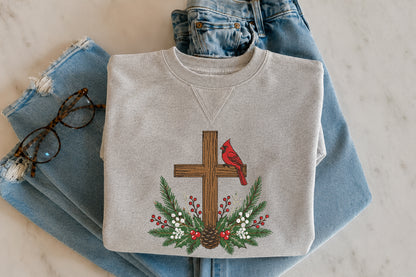 Cardinal Cross Embroidery Design – Beautiful Cardinal Bird Cross Machine Embroidery Pattern, Christian Religious & Nature Embroidery Design