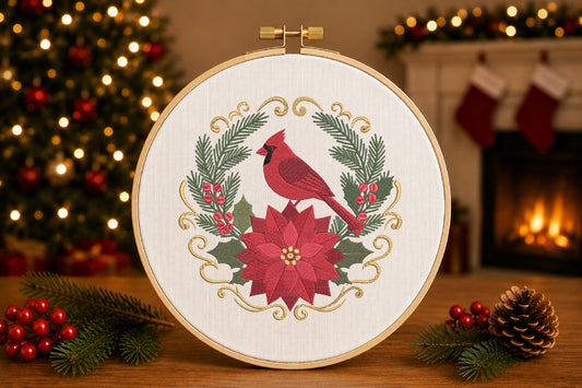 Cardinal Poinsettia Christmas Embroidery