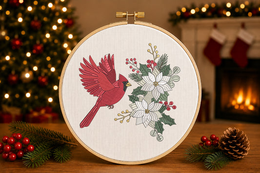 Cardinal & Poinsettia Christmas Embroidery