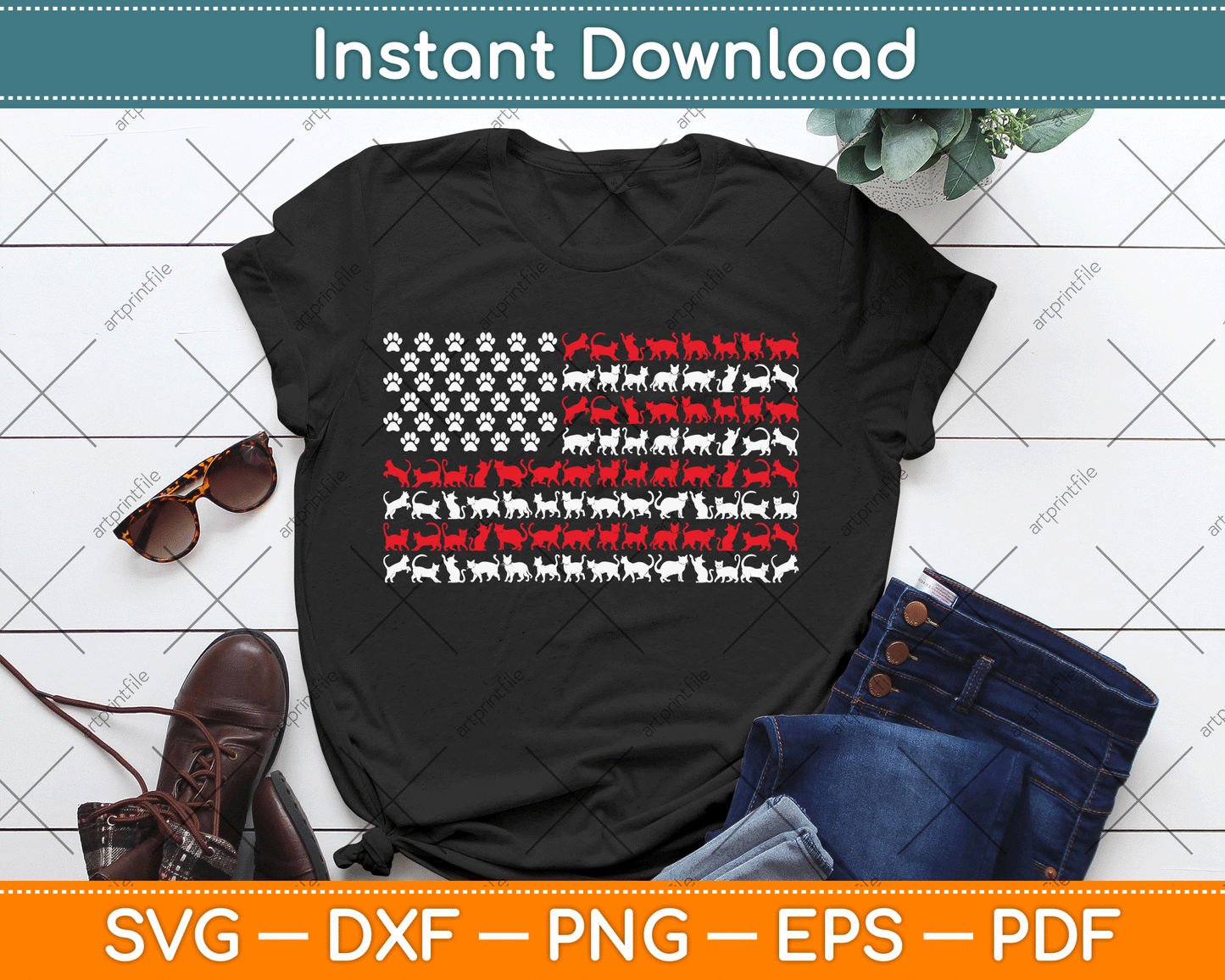 Cat American Flag USA Paws Patriotic SVG Digital Cutting File