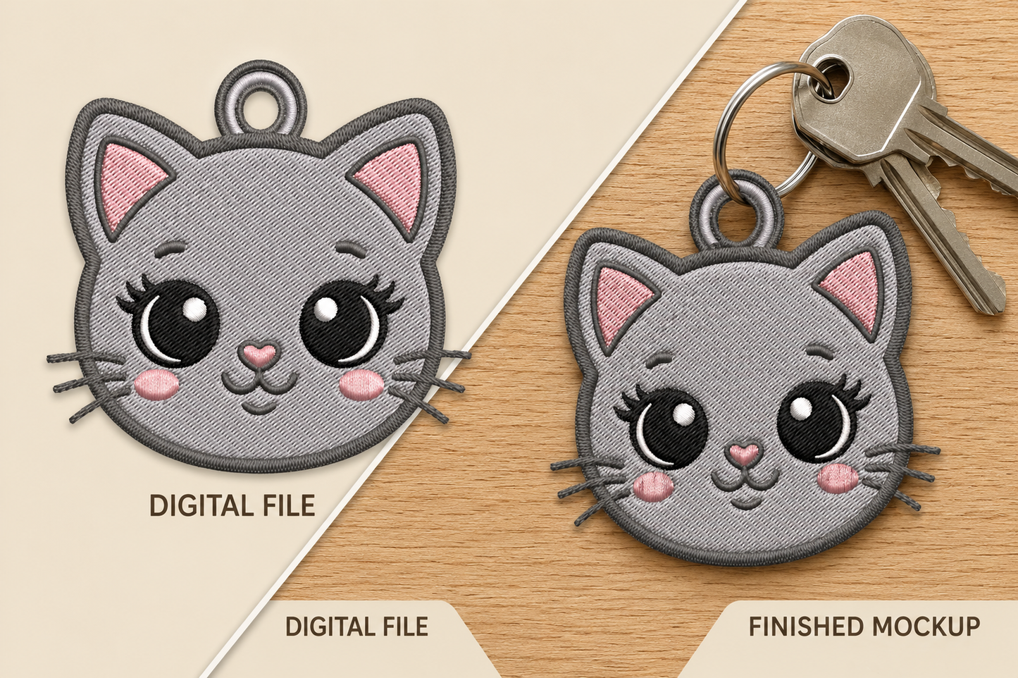 Cute Cat Keychain Embroidery Design – Adorable Kitty Machine Embroidery Pattern, Cat Key Fob Embroidery Design