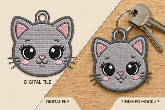 Cute Cat Keychain Embroidery Design – Adorable Kitty Machine Embroidery Pattern, Cat Key Fob Embroidery Design