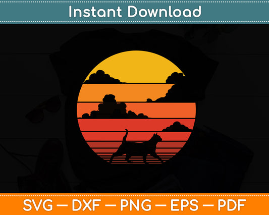 Cat 60s 70s Sunset Mammal Animal Lovers Retro Vintage Svg Png Dxf Digital Cutting File