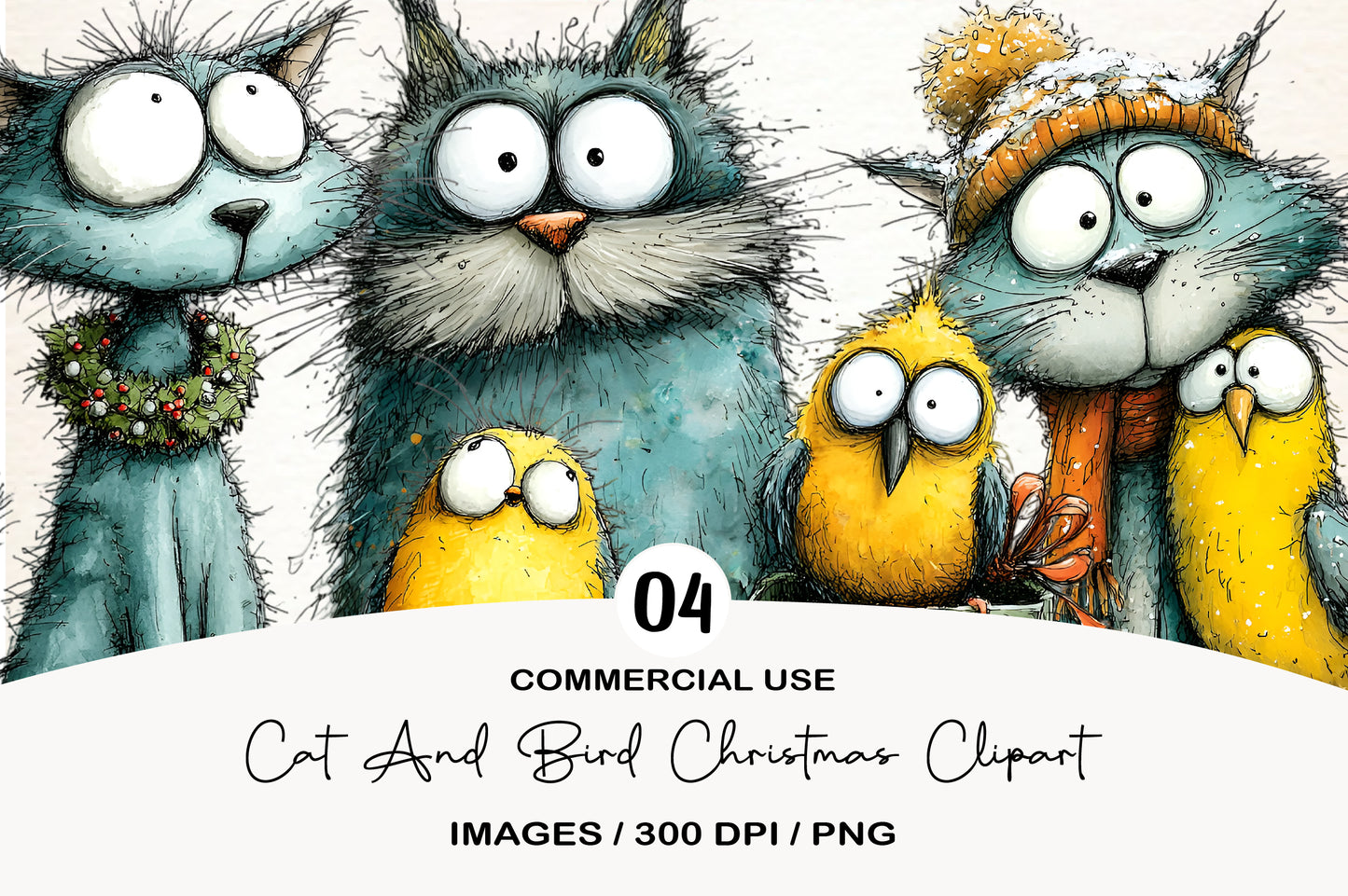 Cute Cat & Bird Christmas PNG | Whimsical Christmas Animal Clipart | 4 PNG