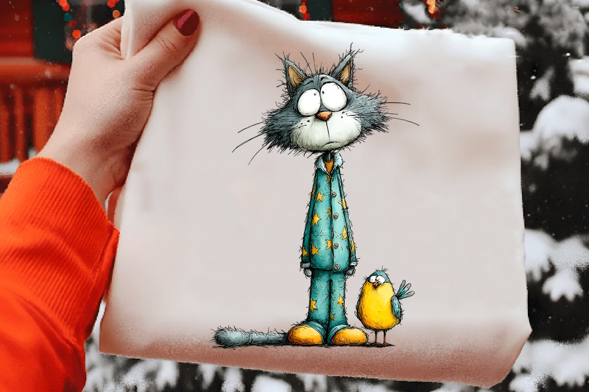 Cute Cat & Bird Christmas PNG | Whimsical Christmas Animal Clipart | 4 PNG