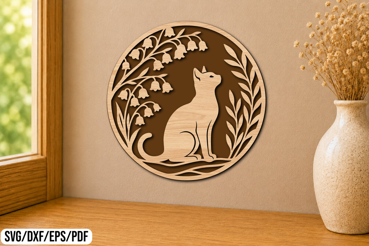 Cat Floral Round Laser Cut SVG