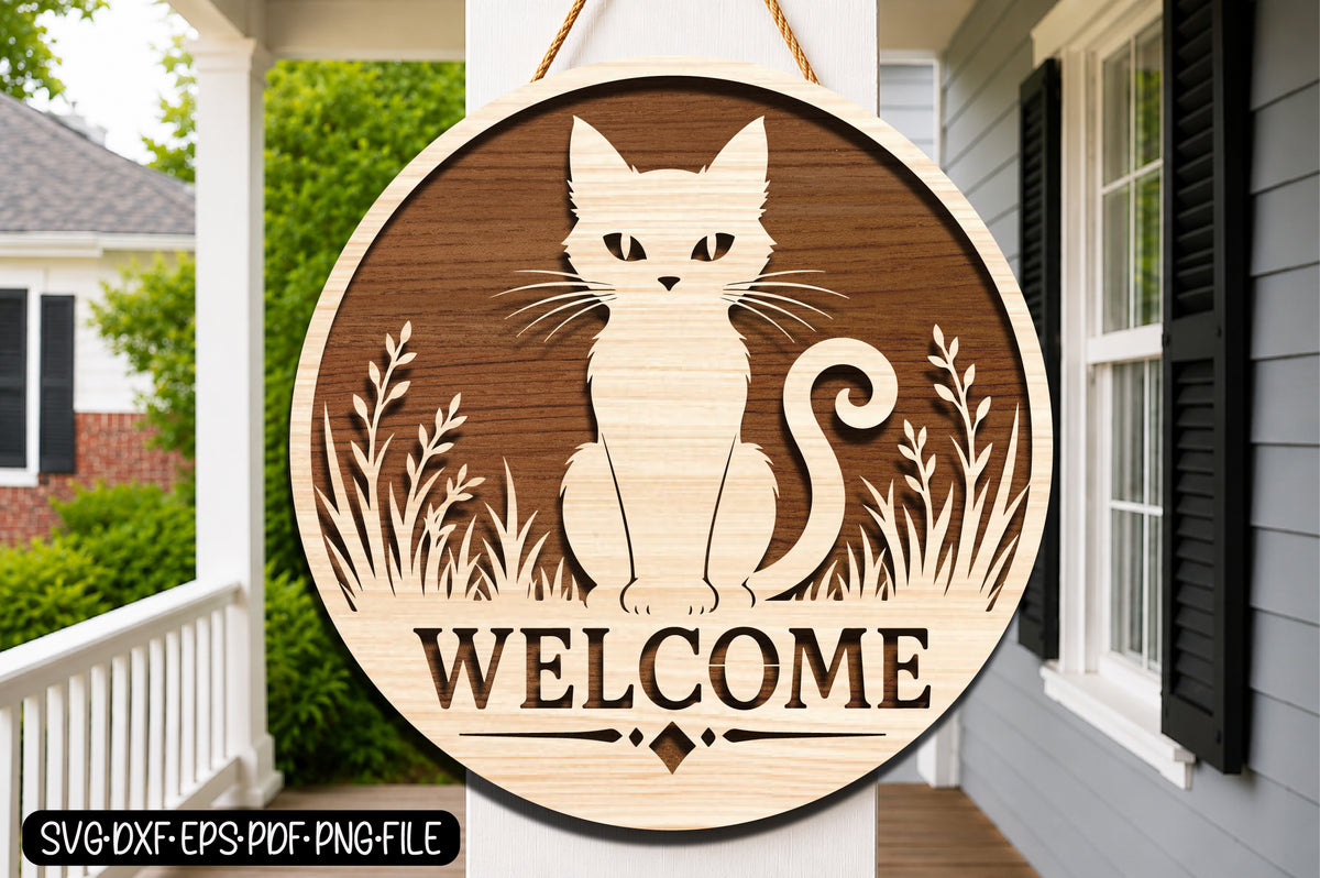 Cat Welcome Door Hanger SVG | Cute Cat Laser Cut Door Sign