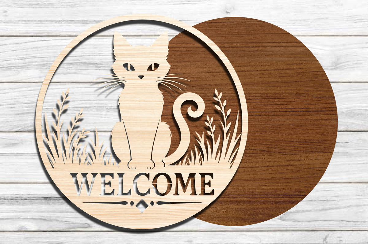 Cat Welcome Door Hanger SVG | Cute Cat Laser Cut Door Sign