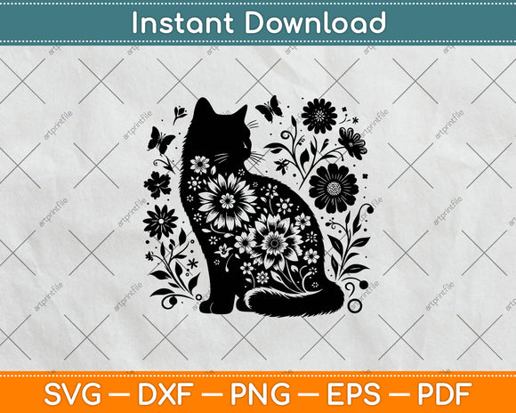 Cat With Flowers Svg Design Digital Cutting File