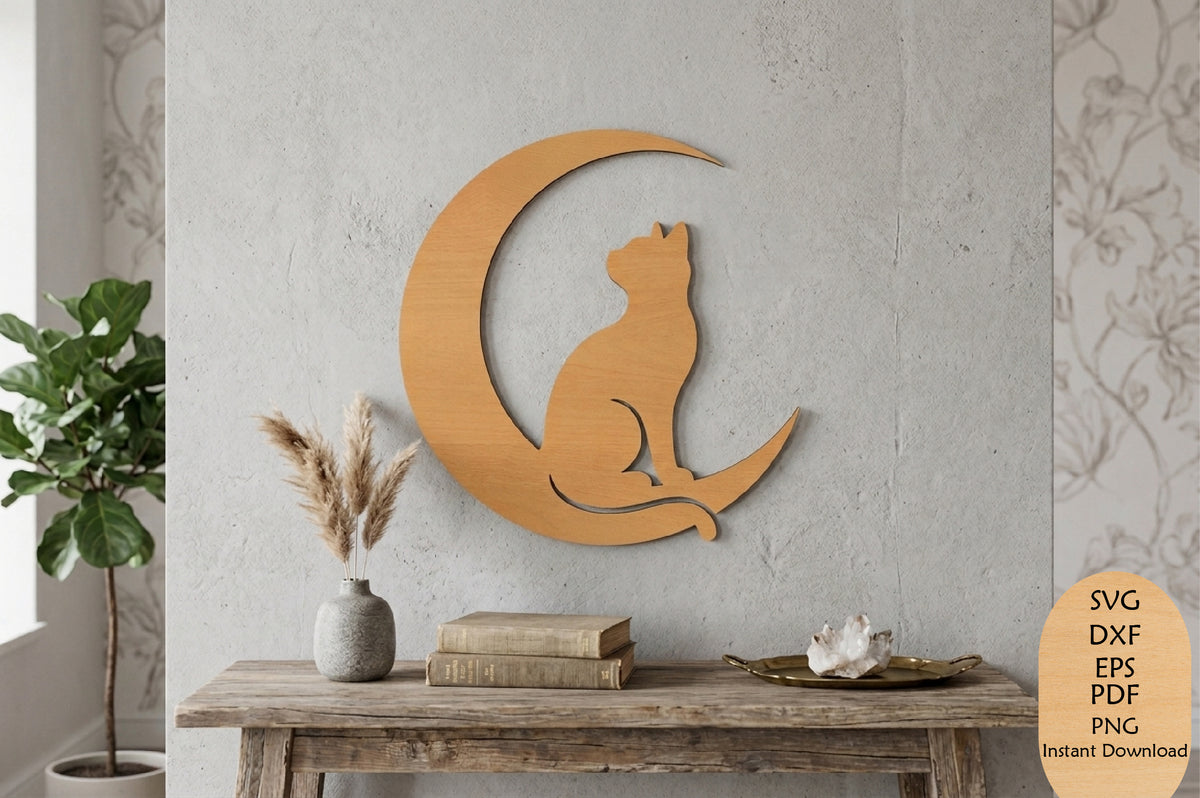 Cat on Moon Laser Cut SVG, Crescent Moon Cat Wall Art