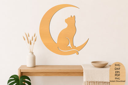 Cat on Moon Laser Cut SVG, Crescent Moon Cat Wall Art
