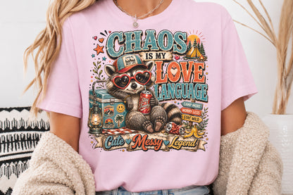 Chaos Is My Love Language PNG Funny Trash Panda Camping Raccoon Sublimation