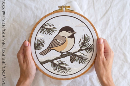 Chickadee Winter Pinecone Embroidery Design – Cute Winter Bird Machine Embroidery Pattern, Chickadee & Pinecone Nature Embroidery Design