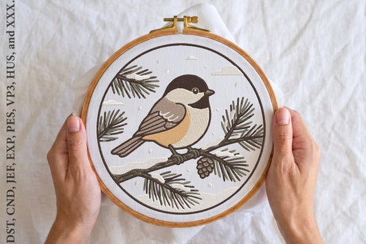 Chickadee Winter Pinecone Embroidery Design – Cute Winter Bird Machine Embroidery Pattern, Chickadee & Pinecone Nature Embroidery Design
