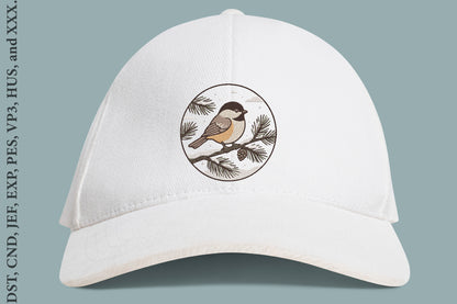 Chickadee Winter Pinecone Embroidery Design – Cute Winter Bird Machine Embroidery Pattern, Chickadee & Pinecone Nature Embroidery Design
