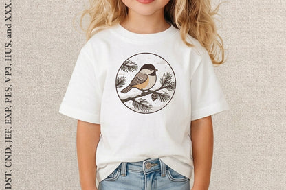 Chickadee Winter Pinecone Embroidery Design – Cute Winter Bird Machine Embroidery Pattern, Chickadee & Pinecone Nature Embroidery Design