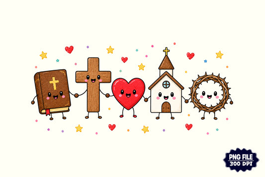 Christian Doodle Characters PNG Cute Bible Cross Church Faith Clipart