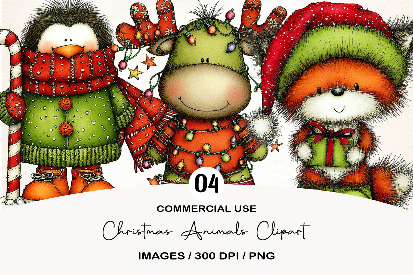 Christmas Animals Clipart PNG Bundle | Cute Watercolor Holiday Animals | Festive Christmas Animal Clipart