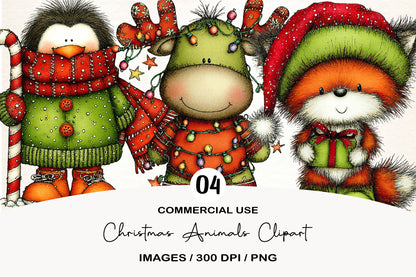 Christmas Animals Clipart PNG Bundle | Cute Watercolor Holiday Animals | Festive Christmas Animal Clipart